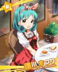 1girl :o cake character_name choker food green_hair hair_ribbon hairband idolmaster idolmaster_million_live! looking_at_viewer official_art ribbon tea tokugawa_matsuri 