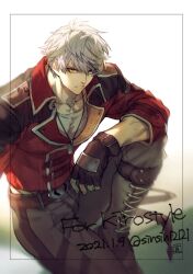 1boy arm_on_knee belt belt_buckle black_gloves black_pants boots brown_belt buckle commentary commission crew_neck english_commentary fingerless_gloves gloves grey_hair jacket jewelry knee_up looking_at_viewer muscular muscular_male necklace original pants raze_(kirostyle) red_jacket shin_(sinsin12121) shirt shoelaces skeb_commission white_shirt yellow_eyes 
