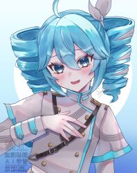  1girl absurdres ahoge aqua_eyes aqua_hair aqua_nails aqua_trim arm_at_side blush bow buttons commentary_request cosplay crop_top crop_top_overhang cropped_jacket double-breasted double-parted_bangs drill_hair grey_jacket hair_between_eyes hair_bow hair_intakes hand_on_own_chest hand_up hatsune_miku high-waist_skirt highres jacket kasane_teto kasane_teto_(cosplay) kasane_teto_(sv) layered_sleeves long_sleeves looking_at_viewer midriff musical_staff musical_staff_print nail_polish open_mouth pale_skin sakanoi_noa short_hair short_over_long_sleeves short_sleeves shoulder_belt shoulder_boards sidelocks skirt sleeve_cuffs smile solo straight-on synthesizer_v turtleneck turtleneck_jacket twin_drills upper_body utau vocaloid 