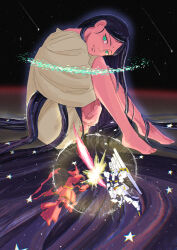  1girl absurdres amuro_ray battle bindi black_hair char's_counterattack char_aznable commentary_request duel earth_federation energy_barrier energy_beam energy_ring energy_sword fin_funnels ghost glowing green_eyes gundam highres lalah_sune looking_at_viewer mahirohisatomi mecha mobile_suit mobile_suit_gundam nebula neo_zeon nu_gundam robot sazabi science_fiction smirk space spirit star_(sky) sword tunic v-fin weapon zero_gravity 