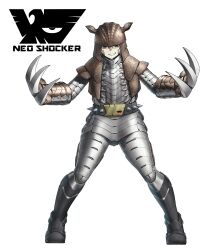 1girl armadig armor belt black_belt black_boots black_eyes boots brown_hair brown_helmet brown_vest claws clenched_teeth commentary cyborg eidenjyou1997 emblem english_commentary full_body genderswap genderswap_(mtf) helmet highres kamen_rider knee_boots looking_at_viewer monster_girl neo_kamen_rider shocker_(kamen_rider) simple_background smirk solo spiked_belt spikes standing teeth vest white_background