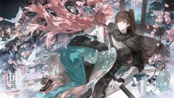  1boy 1girl aqua_dress aqua_hanfu aqua_ribbon arm_guards arm_wrap bai_qi_(love_and_producer) belt between_legs bird black_hanfu black_robe black_scarf branch brown_belt brown_eyes brown_hair cherry_blossoms chinese_clothes commentary commission dove dress earrings eye_contact falling_petals feather_boa feet_out_of_frame floating_hair floral_print flower folding_screen green_eyes hair_flower hair_flowing_over hair_ornament hair_rings hand_on_another's_chest hanfu hat hetero high_ponytail highres jewelry jin_gongmen_wo_de_fengkuang_xingqiwu kneeling light_particles long_hair long_sleeves looking_at_another love_and_producer oc_x_canon open_mouth original pants parted_lips peony_(flower) petals pink_flower pink_hair ponytail profile qixiong_ruqun rabbit_hairstyle reclining ribbon robe scarf scroll sheath sheathed straw_hat stud_earrings sword tree untranslatable_commentary unworn_hat unworn_headwear vase very_long_hair weapon white_pants wide_sleeves 