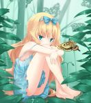  1girl barefoot blonde_hair blue_eyes bow butterfly dress hair_bow hairband highres leaf legs long_hair original shuuichi_(gothics) solo wet 
