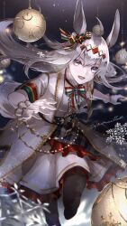  1girl absurdres ahoge animal_ears black_pantyhose blue_eyes bow bowtie center_frills christmas_ornaments commentary_request frills gloves grey_hair grey_tail hair_ornament highres horse_ears horse_girl horse_tail jacket long_hair looking_at_viewer multicolored_bow multicolored_bowtie multicolored_ribbon noraillust official_alternate_costume oguri_cap_(ashen_miracle)_(umamusume) oguri_cap_(umamusume) open_mouth pantyhose ribbon shirt short_sleeves smile snowflakes solo tail umamusume white_gloves white_jacket white_shirt 