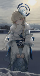  1girl 4meart0112 absurdres alternate_costume blue_archive blue_eyes blue_flower blue_halo blue_sash blush closed_mouth commentary_request day floral_print floral_print_kimono flower fur-trimmed_kimono fur_trim furisode grey_hair hair_flower hair_ornament halo highres japanese_clothes kimono long_hair looking_at_viewer obi obijime outdoors overcast print_kimono sash sidelocks sky smile snow solo standing straight-on sun tassel tassel_hair_ornament toki_(blue_archive) 