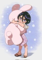  1girl aged_down bandaid bandaid_on_arm bandaid_on_face bandaid_on_leg bandaid_on_nose black_hair black_sandals bleach child commentary corrupted_twitter_file dress english_commentary frown full_body highres holding holding_stuffed_toy kuchiki_rukia m1rimorinku medium_dress purple_dress sandals short_eyebrows snowflakes solo stuffed_animal stuffed_rabbit stuffed_toy v-shaped_eyebrows violet_eyes 