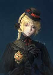  1girl absurdres black_dress black_flower black_gloves black_hat blonde_hair blue_background blue_eyes braid braided_ponytail chinese_commentary closed_mouth commentary_request dated dress earrings elizabeth03313 flower flower_hairband gloves hair_flower hair_ornament hairband hat hat_flower highres jewelry lips long_hair long_sleeves lord_of_the_mysteries mini_hat mini_top_hat ponytail rose sharron_(lord_of_the_mysteries) short_hair solo top_hat upper_body veil victorian 
