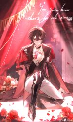  1boy absurdres armor armored_boots ayn_alwyn belt black_belt black_choker black_hair black_jacket boots boutonniere buttoned_cuffs buttons cape chinese_commentary choker commentary_request contrast_lapels curtains english_text flower gem greaves hair_between_eyes highres holding holding_flower jacket knee_boots lapels light_particles long_sleeves looking_at_viewer lovebrush_chronicles male_focus on_one_knee pants parted_lips pathologicaldiagnosis petals pillar poleyn red_cape red_eyes red_flower red_gem red_petals red_rose rose rose_petals sabaton shirt short_hair smile solo spotlight stage_curtains straight-on tailcoat watermark weibo_watermark white_flower white_pants white_rose white_shirt 