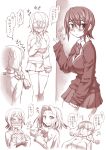  3girls :&lt; ? @_@ admiral_(kantai_collection) bespectacled blush braid breast_hold breasts eyebrows fang female_admiral_(kantai_collection) glasses glasses_removed headwear_removed kantai_collection large_breasts monochrome multiple_girls naval_uniform necktie neriwasabi open_mouth short_hair sleeves_past_wrists sweatdrop tatsuta_(kantai_collection) tenryuu_(kantai_collection) thigh-highs translated wavy_mouth 