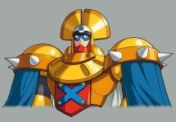  1boy absurdres android armor blue_cape blue_mask cape closed_mouth diegodoodles eye_mask forehead_jewel gold_armor gold_helmet green_eyes helmet highres jewelry king_(mega_man) looking_to_the_side mask mega_man_&amp;_bass mega_man_(classic) mega_man_(series) robot shoulder_spikes solo spikes upper_body 