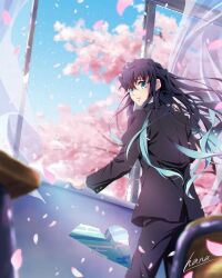  1boy aqua_eyes aqua_hair black_hair black_pants black_shirt cherry_blossoms commentary_request curtains hana_ni_nare highres kimetsu_no_yaiba long_hair long_sleeves looking_at_viewer male_focus multicolored_hair pants paper_airplane school_uniform shirt tokitou_muichirou window 