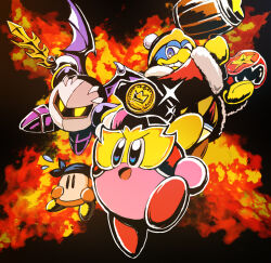  bandana bandana_waddle_dee bat_wings belt blue_bandana blue_eyes championship_belt colored_skin commentary_request flying_sweatdrops galaxia_(sword) hammer holding holding_hammer holding_sword holding_weapon king_dedede kirby kirby_(series) kirby_fighters_2 luchador_mask mask maxim_tomato meta_knight official_art open_mouth pink_skin sparkle sword weapon wings wrestler_kirby yellow_eyes 