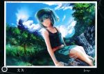  1girl alternate_costume artist_name artist_request bare_shoulders blue_eyes blue_hair blue_sky clouds forest frilled_skirt frills hair_bobbles hair_ornament hat highres kawashiro_nitori midriff nature navel rock scan shirt short_hair sitting skirt sky sleeveless smile solo touhou tree twintails water waterfall 