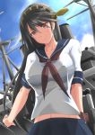  1girl alternate_costume black_hair breasts hairband haruna_(kantai_collection) kantai_collection long_hair navel personification red_eyes rinc7600 school_uniform serafuku skirt sky smile solo 