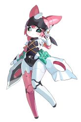  1girl absurdres angels_of_delusion aria_(zenless_zone_zero) black_sclera blue_eyes colored_sclera highres humanoid_robot joints mechanical_hair metal_hair miyako_draw one_eye_closed robot robot_girl robot_joints science_fiction solo thighs twintails v white_background zenless_zone_zero 
