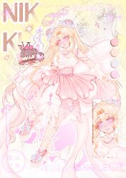  1girl absurdres ankle_ribbon arm_bow arm_warmers back_bow bead_armlet bead_necklace beads blonde_hair blush bow bowl bubble_skirt cherry chinese_commentary chocolate_syrup cinnamon_stick close-up closed_mouth color_guide commentary_request commission dot_nose double_bun dreamtime_bestowed_(infinity_nikki) dress dress_bow food footwear_bow fruit full_body gradient_background gradient_hair hair_bow hair_bun hair_ornament halo head_tilt heart heart_hair_ornament high_heels highres holding holding_bowl ice_cream infinity_nikki jewelry large_bow layered_dress leg_ribbon lipstick long_eyelashes long_hair makeup medium_dress multicolored_hair multicolored_shoes neck_ribbon necklace nikki_(series) outline pariss parted_bangs pastel_colors pink_bow pink_dress pink_hair pink_halo pink_lips pink_shoes purple_bow ribbon sample_watermark shoes sidelocks skirt sleeveless sleeveless_dress smile solo spaghetti_strap sparkle sprinkles stiletto_heels sundae twintails two-tone_hair two-tone_shoes very_long_hair violet_eyes watermark wavy_hair white_arm_warmers white_bow white_dress white_outline white_ribbon white_shoes yellow_background zoom_layer 