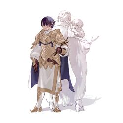  3boys alfonse_(fire_emblem) armor blue_hair boots breastplate brown_gloves c3ure child cloak commentary_request father_and_son fire_emblem fire_emblem_heroes full_body fur_cloak gloves gold_armor gold_trim gustav_(fire_emblem) hair_between_eyes highres holding holding_stick long_sleeves male_focus multiple_boys open_mouth pauldrons puffy_long_sleeves puffy_sleeves remembering shirt short_hair shoulder_armor skirt standing stick white_background white_boots white_shirt white_skirt 
