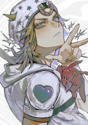  1boy adam's_apple blonde_hair blue_eyes blue_nails closed_mouth commentary_request hair_horns hat heart highres hooded_shirt horseshoe_ornament johnny_joestar jojo_no_kimyou_na_bouken male_focus medium_hair nail_polish neg_50asu shirt short_sleeves solo stand_(jojo) star_(symbol) steel_ball_run three-finger_salute tusk_(stand) tusk_act1 white_background white_hat white_shirt 