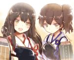  2girls :d akagi_(kantai_collection) brown_eyes brown_hair japanese_clothes kaga_(kantai_collection) kantai_collection kaworu_(1030) long_hair looking_at_viewer multiple_girls muneate open_eyes open_mouth personification side_ponytail smile 