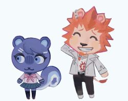  1boy 1girl :3 animal_crossing black_pants black_socks blue_eyes blue_fur blue_skirt blue_trim brown_shoes chain chain_necklace closed_eyes danganronpa:_trigger_happy_havoc danganronpa_(series) facial_hair full_body furrification furry furry_female furry_male goatee hair_ornament hairclip jacket jewelry kamo_(kamooo44) kneehighs kuwata_leon leather leather_jacket lion_boy looking_to_the_side maizono_sayaka mane multiple_piercings neckerchief necklace orange_fur pants piercing pink_neckerchief plaid_clothes plaid_skirt school_uniform serafuku shirt shoes simple_background skirt smile socks spiky_hair squirrel_girl tail white_background white_jacket white_serafuku white_shirt 