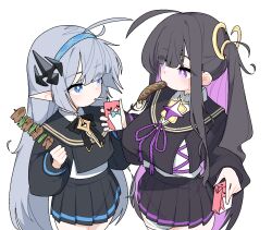  2girls ahoge ahoge_wag animated animated_gif black_hair black_shirt black_skirt blinking blue_hairband blunt_bangs breasts chitose_(stella_sora) chocolate-covered_food chocolate_banana closed_mouth colored_inner_hair commentary_request cowboy_shot drink_carton dthmns eating expressive_hair female_tyrant_(stella_sora) grey_hair hairband holding holding_juice_box holding_skewer juice_box korean_commentary large_breasts long_hair long_sleeves miniskirt multicolored_hair multiple_girls pleated_skirt pointy_ears purple_hair shirt sidelocks simple_background skewer skirt stella_sora striped_clothes striped_skirt two-tone_hair tyrant_(stella_sora) white_background 