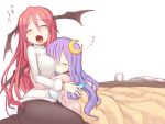  2girls alternate_costume blush book breast_press breasts closed_eyes crescent cup hat head_wings koakuma kotatsu kuresento large_breasts long_hair long_sleeves mug multiple_girls multiple_wings open_mouth patchouli_knowledge purple_hair redhead ribbed_sweater rough sleeping sweater table touhou translation_request wings zzz 