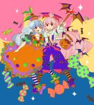  2girls alternate_costume arm_around_waist bat blue_hair bolo_tie bow breasts candy cleavage collarbone dress fujiwara_no_mokou hair_bow hair_ornament halloween hat jack-o&#039;-lantern kamishirasawa_keine komaku_juushoku long_hair long_sleeves looking_at_viewer multicolored_background multiple_girls open_mouth outstretched_arm pants pantyhose pink_hair ponytail puffy_short_sleeves puffy_sleeves red_eyes short_sleeves skirt_hold skull_and_crossbones skull_hair_ornament sparkle star striped striped_legwear suspenders touhou triangle_mouth very_long_hair wand 