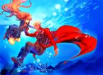  1boy 1girl archer brown_eyes brown_hair coral dark_skin fate/extra fate_(series) kin_mokusei kishinami_hakuno_(female) long_hair school_uniform serafuku underwater white_hair 