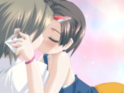  1boy 1girl 2000s_(style) arched_back bent_over blue_camisole blush brown_hair camisole card closed_eyes closed_mouth collared_shirt faceless faceless_male from_side game_cg hair_ornament hairclip hand_on_another's_face holding holding_card kenki_fujioka kiss long_sleeves majo_no_ochakai non-web_source official_art parted_bangs pink_background shirt short_hair shorts simple_background white_shirt yellow_shorts yuuhi_megumi_(majo_no_ochakai) 