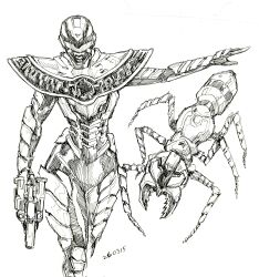  1girl 1other adi_(adivider) ant antennae armor armored_bodysuit bodysuit bug character_mask chou_uchuu_keiji_gavan_infinity compound_eyes full_armor gavan_armaize gavan_luminous gavarion_trigger gloves gun helmet highres holding holding_gun holding_weapon insect_wings mandibles mask science_fiction shoulder_armor tokusatsu weapon wings 
