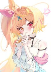  1girl :3 absurdres ahoge bare_shoulders blonde_hair blunt_bangs blush closed_mouth commentary daimi_94 drink_carton drinking drinking_straw hair_intakes hair_ornament hair_ribbon heterochromia highres holding holding_juice_box hoshikawa_sara juice_box long_hair long_sleeves looking_at_viewer navel nijisanji pink_ribbon red_eyes ribbon shirt side_ponytail simple_background smile solo two-tone_ribbon upper_body virtual_youtuber white_background white_shirt x_hair_ornament yellow_eyes yellow_ribbon 