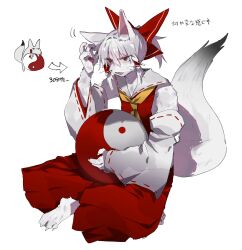  1girl animal_ear_fluff animal_ears animalization arrow_(symbol) ascot bow claws commentary_request detached_sleeves fox fox_ears fox_girl fox_tail furrification furry furry_female fuuga_(perv_rsity) hair_bow hair_tubes hakurei_reimu hakurei_reimu_(fox) highres long_hair open_mouth orb red_bow red_skirt ribbon-trimmed_sleeves ribbon_trim simple_background sitting skirt skirt_set tail touhou translation_request white_background white_fur white_hair yellow_ascot yin_yang yin_yang_orb 