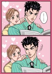  1boy 1girl black_hair blush brown_hair collared_shirt commentary_request couple diamond_wa_kudakenai highres jojo_no_kimyou_na_bouken kawajiri_kosaku kawajiri_shinobu killer_queen kira_yoshikage kota111519 necktie ponytail shirt spiky_hair 