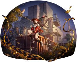  1girl artist_request bird black_socks brown_hair caution_tape chain-link_fence dolly_(path_to_nowhere) earrings fence hat highres holding_traffic_light jacket jewelry ladder no_symbol off_shoulder official_alternate_costume official_art parking_permissive_sign patch path_to_nowhere pedestrian_crossing_sign radio_antenna red_jacket road_sign road_sign_patch scaffolding shipping_container sign socks strapless traffic_cone traffic_cone_charm traffic_light transformer tube_top weapon white_tube_top wooden_box 