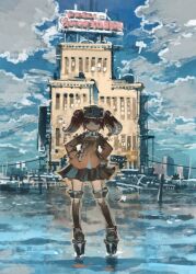  1girl black_skirt black_socks blue_sky brown_hair building clouds commentary_request day grey_hair japanese_clothes kantai_collection kariginu kneehighs konno_takashi long_sleeves looking_at_viewer miniskirt outdoors ryuujou_(kancolle) shikigami shoes sign skirt sky socks solo standing twintails visor_cap water 
