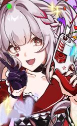  1girl 8_dkkn0 belt black_choker black_gloves braid braided_sidelock butterfly-shaped_pupils choker clothing_cutout collar collarbone commentary_request diamond_(shape) diamond_facial_mark facial_mark fang flag_gun frilled_collar frills gloves grey_hair gun hands_up heart heart_facial_mark highres holding holding_gun holding_weapon honkai:_star_rail honkai_(series) long_hair looking_at_viewer mark_under_both_eyes multicolored_hair open_mouth pink_eyes plaid_belt plaid_clothes plaid_sleeves profile red_collar red_eyes red_hair sailor_collar shoulder_cutout single_glove solo sparkle_(honkai:_star_rail) sparxie_(honkai:_star_rail) streaked_hair symbol-shaped_pupils twintails upper_body v very_long_hair weapon white_hair 