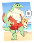  beach crocodile crocodilian dog highres league_of_legends lifeguard monster_boy nasus nasus_(dog) red_cross renekton shorts water 