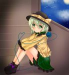  1girl against_wall ankle_boots aqua_hair bare_legs blouse boots clouds frown full_moon green_eyes hands_on_knees hat hat_ribbon heart highres knees_up komeiji_koishi koyashaka looking_at_viewer moon night ribbon shooting_star short_hair sitting skirt sky sleeves_past_wrists solo star_(sky) starry_sky third_eye tile_floor tiles touhou window 