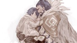  2boys alfonse_(fire_emblem) armor beard blue_hair brown_gloves c3ure cape child cloak closed_eyes facial_hair father_and_son fire_emblem fire_emblem_heroes fur_cloak gloves gold_armor gustav_(fire_emblem) highres long_sleeves male_focus mature_male multiple_boys pauldrons puffy_long_sleeves puffy_sleeves shirt short_hair shoulder_armor upper_body white_background white_cape white_shirt 