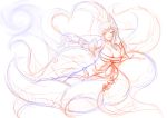  1girl ahri animal_ears breasts cleavage fox_ears fox_tail league_of_legends long_hair monochrome multiple_tails okitakung simple_background sketch solo tail white_background yellow_eyes 