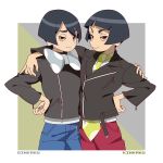  2boys arm_around_neck bangs black_hair blunt_bangs bow bowl_cut bowtie brothers character_name ebisugawa_ginkaku ebisugawa_kinkaku family grey_eyes hand_on_hip leather_jacket looking_at_viewer multiple_boys necktie polka_dot siblings sigumado66 simple_background smile standing swept_bangs symmetrical_pose uchouten_kazoku 