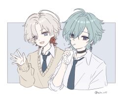  2boys commentary_request drink_carton drinking drinking_straw drinking_straw_in_mouth earrings genshin_impact holding holding_drink_carton illuga_(genshin_impact) jewelry lohen_(genshin_impact) looking_at_viewer male_focus mika_n05 mole mole_under_eye multicolored_hair multiple_boys open_mouth single_earring smile two-tone_hair watermark waving 