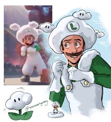  1boy artist_name blue_eyes brown_hair cloud_flower_(mario) cloud_luigi commentary english_commentary facial_hair gloves hat highres looking_to_the_side luigi multiple_views mustache official_alternate_costume overalls snowsartgallery super_mario_bros. the_super_mario_galaxy_movie white_gloves white_hat white_overalls 
