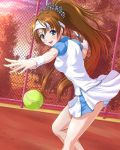  1girl :d ball blue_eyes breasts brown_hair chain-link_fence chaki-yam female foreshortening open_mouth panties racket smile solo sportswear tennis_ball tennis_racket tennis_uniform underwear visor_cap white_panties 