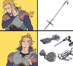  1boy armor blonde_hair blue_armor blue_shirt circular_saw closed_eyes commentary_request drakeposting_(meme) edgar_roni_figaro final_fantasy final_fantasy_vi furrowed_brow kelland0526 light_frown long_hair low_ponytail male_focus meme pointing polearm ponytail power_drill power_tool saw shirt shoulder_armor smile solo upper_body weapon white_background yellow_background 