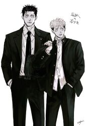  2boys absurdres bag closed_mouth collared_shirt commentary dress_shirt gakuran greyscale hand_in_pocket height_difference highres higuruma_hiromi itadori_yuuji jacket jujutsu_kaisen looking_to_the_side male_focus monochrome multiple_boys necktie open_clothes open_jacket pants rylmee2 school_bag school_uniform shirt short_hair simple_background standing suit translation_request twitter_username untranslatable_commentary white_background 