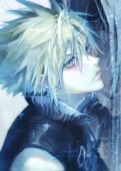  1boy black_vest blonde_hair blue_eyes braid closed_mouth cloud_strife final_fantasy final_fantasy_vii final_fantasy_vii:_advent_children hair_between_eyes head_back highres looking_at_viewer male_focus milkystati0n popped_collar ribbed_vest short_hair single_braid solo spiky_hair upper_body vest 