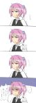  1boy 1girl 4koma admiral_(kantai_collection) blue_eyes comic highres kantai_collection naval_uniform purple_hair school_uniform serafuku shaded_face shiranui_(kantai_collection) short_ponytail translated 