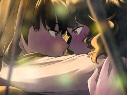  2girls amagami arms_around_neck ayatsuji_tsukasa black_hair blurry blurry_foreground blush close-up closed_mouth cosmokyrin couple depth_of_field english_commentary eye_contact forehead-to-forehead from_side hand_on_another's_arm heads_together highres long_hair long_sleeves looking_at_another medium_hair multiple_girls profile simple_background smile tanamachi_kaoru upper_body wavy_hair yuri 