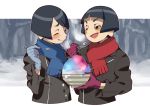  2boys :q bangs black_hair blunt_bangs blush bowl bowl_cut brothers brown_eyes closed_eyes eating ebisugawa_ginkaku ebisugawa_kinkaku family gloves hand_on_own_face leather_jacket matching_outfit multiple_boys open_mouth scarf shaved_ice siblings sigumado66 snow spoon swept_bangs tongue tree uchouten_kazoku wink 